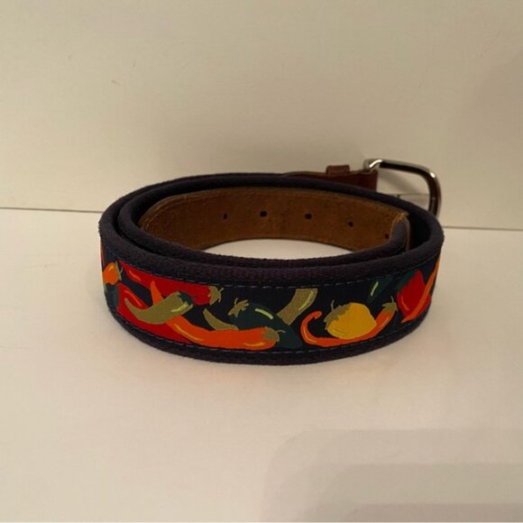 THE BELTED COW BELT BLUE CANVAS RED CHILI PEPPER BROWN LEATHER SIZE 34 USA - Picture 4 of 8